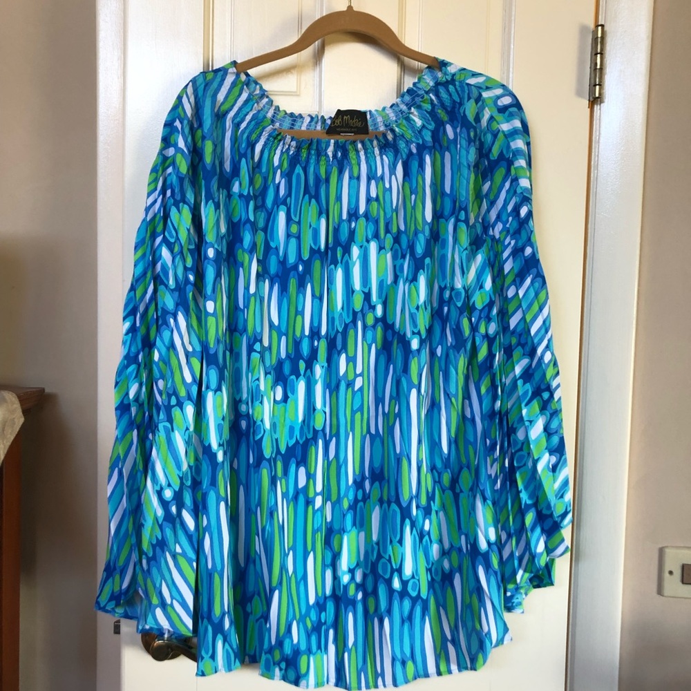 Bob Mackie Knife Pleat Poncho - Blue Green Print